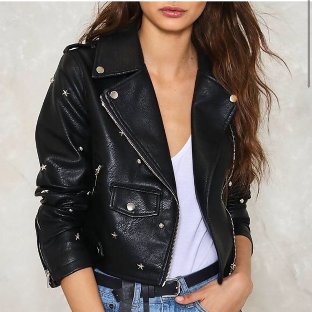 NastyGal Star Studded Interstellar Leather Moto Jacket Faux